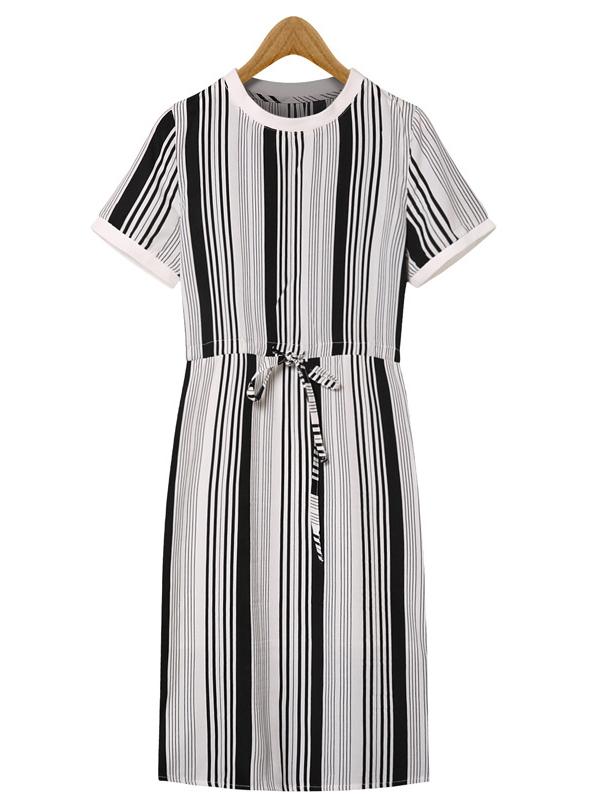 Romwe Vertical Stripe Contrast Trim Self-tie Dress
