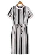 Romwe Vertical Stripe Contrast Trim Self-tie Dress