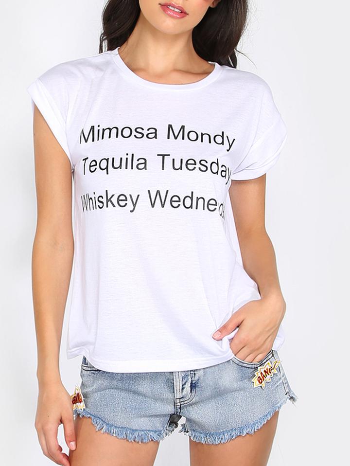 Romwe White Letters Print Short Sleeve T-shirt
