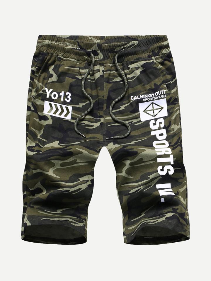 Romwe Men Letter Print Drawstring Camo Shorts