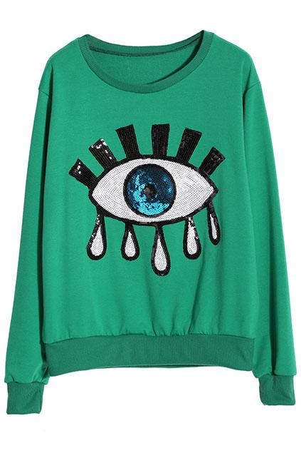 Romwe Sequin Eye Stitching Green Sweatshirt