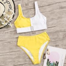 Romwe Two Tone Buckle Front Top With High Waist Bikini