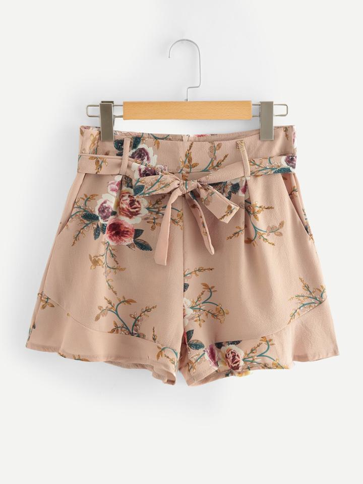 Romwe Ruffle Hem Self Tie Waist Shorts