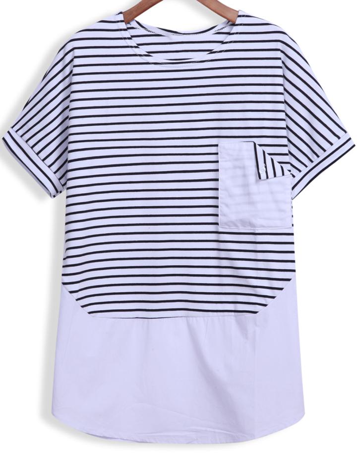 Romwe Striped With Pocket Contrast Hem T-shirt