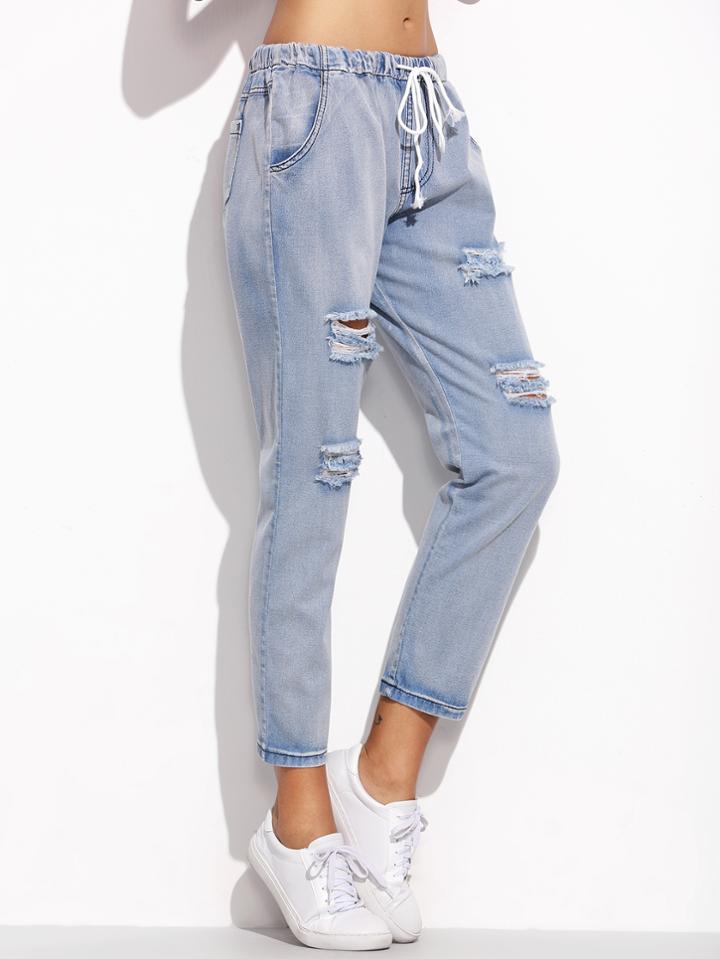 Romwe Blue Ripped Drawstring Jeans