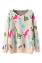 Romwe Cute Dinosaur Print Knitted Cream Jumper