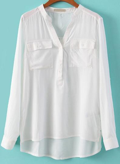 Romwe Pockets V Neck White Blouse