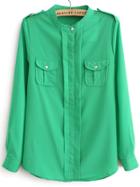 Romwe Pockets Epaulet Chiffon Green Blouse