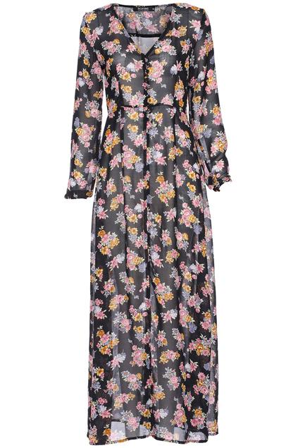 Romwe Floral Print Cut-out Black Dress