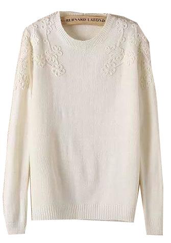 Romwe White Embroidered Flower Sweater