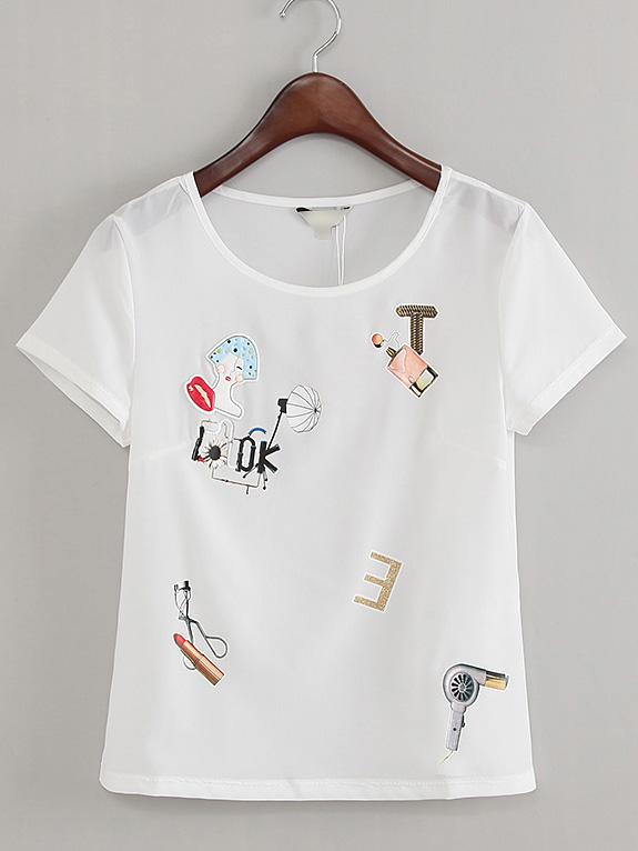 Romwe White Round Neck Printed Cute T-shirt