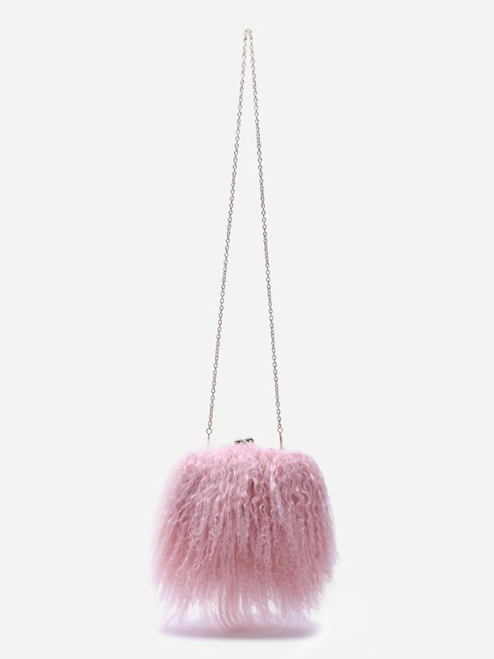 Romwe Pink Woolen Kiss Lock Crossbody Chain Bag