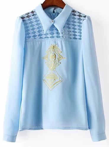 Romwe Lapel Embroidered With Zipper Sheer Mesh Blue Blouse