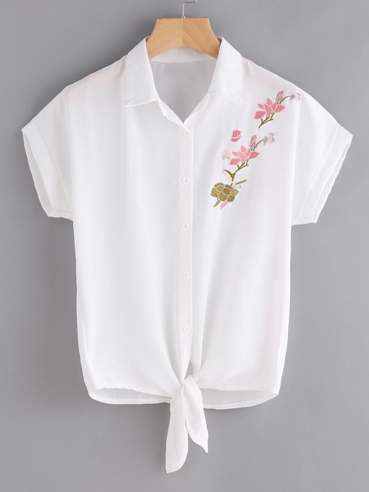 Romwe Floral Embroidered Knot Front Shirt