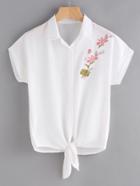 Romwe Floral Embroidered Knot Front Shirt
