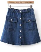 Romwe Navy Buttons Pockets Denim Skirt