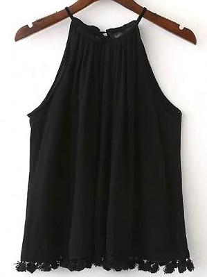 Romwe Black Halter Tassel Shift Top