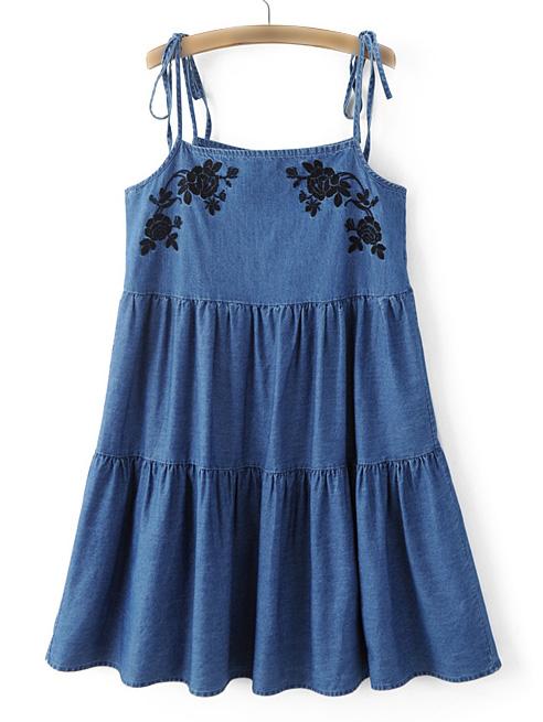 Romwe Dark Blue Self Tie Strap Embroidery Ruffle Hem Dress