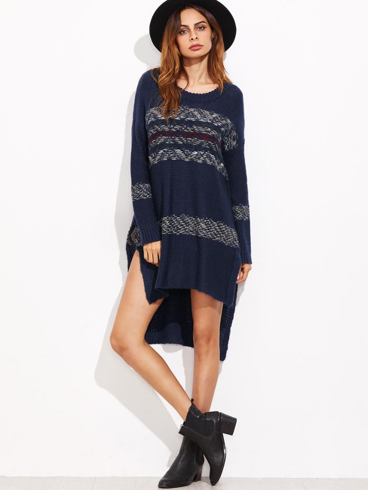 Romwe Navy Striped Split Side High Low Sweater Dress