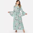 Romwe Plus Random Florals Choker Neck Dress