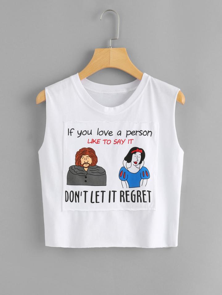 Romwe Graphic Print Raw Edge Crop Top