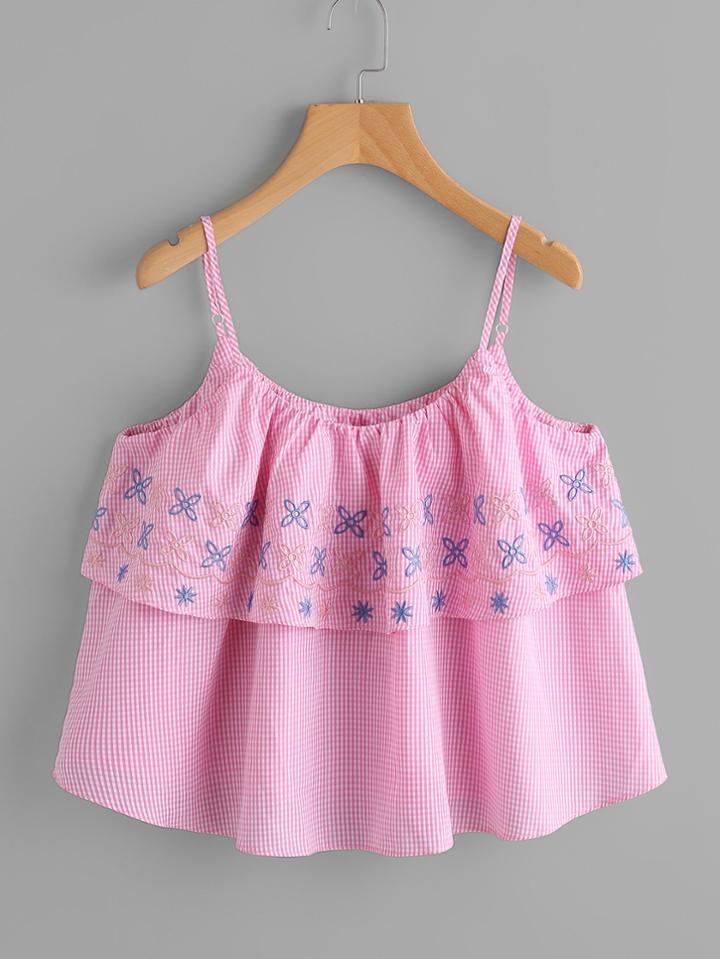 Romwe Flower Embroidered Two Layer Gingham Cami Top
