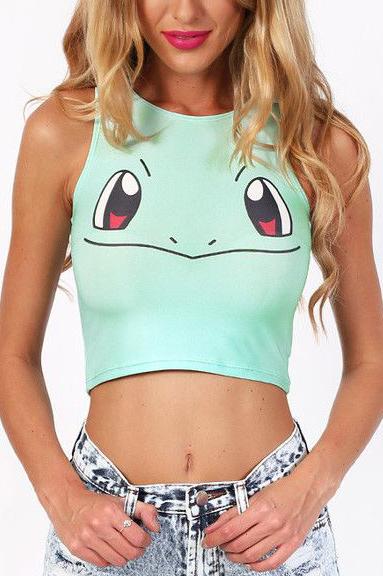 Romwe Green Round Neck Cartoon Print Crop Tank Top