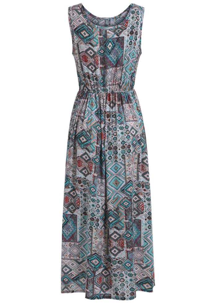 Romwe Round Neck Tribal Print Pleated Dress