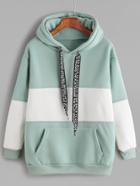 Romwe Pale Green Contrast Drawstring Hooded Pocket Sweatshirt