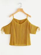 Romwe Tie Detail Cold Shoulder Pleated Top