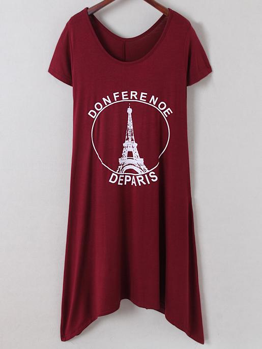Romwe Burgundy Irregular Hem Letters Iron Tower Printing Dress