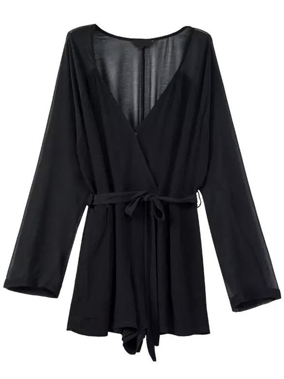 Romwe Deep V Neck Black Romper With Belt