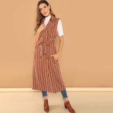 Romwe Notch Collar Sleeveless Striped Coat