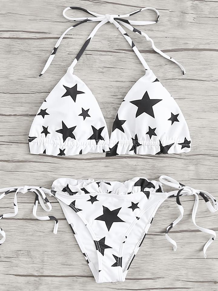 Romwe Star Print Frill Bikini Set