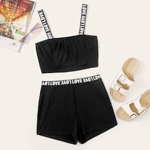Romwe Letter Strap Cop Cami Top & Shorts Set