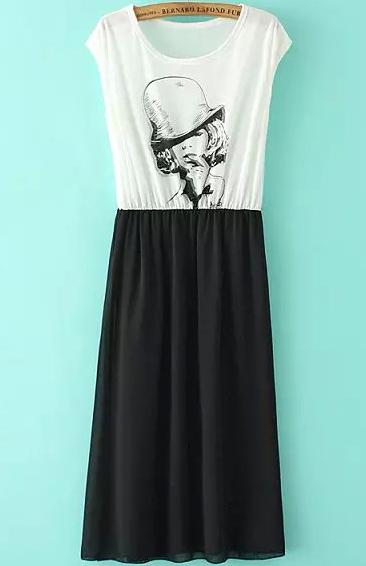 Romwe Beauty Print Pleated White Dress