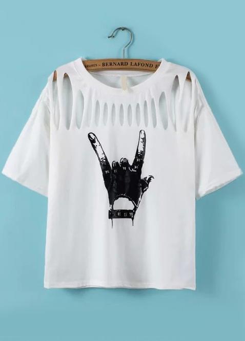 Romwe With Rivet Hand Print Hollow White T-shirt