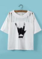Romwe With Rivet Hand Print Hollow White T-shirt