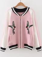 Romwe Pink Bird Embroidery Raglan Sleeve Zipper Sweater Coat