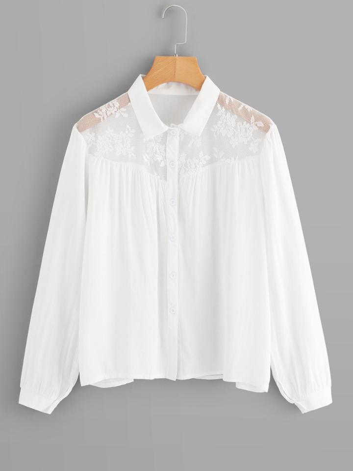 Romwe Lace Panel Button Up Blouse