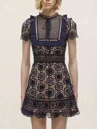 Romwe Blue Ruffle Lace Insert A Line Dress
