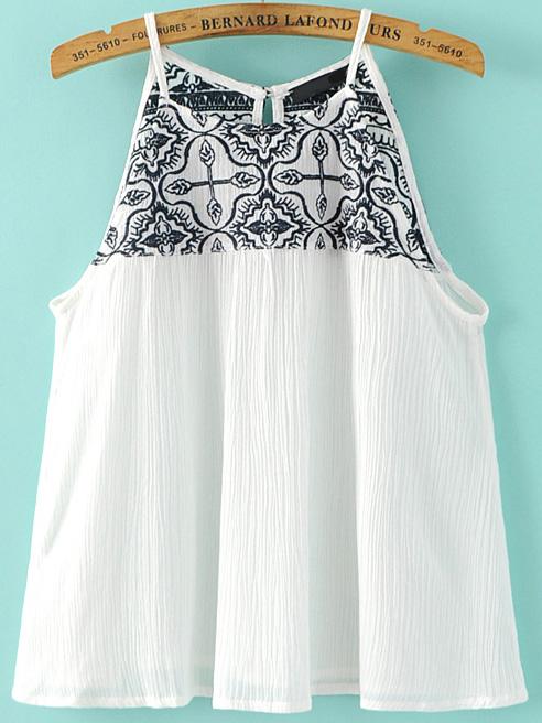 Romwe White Embroidery Keyhole Back Cami Top