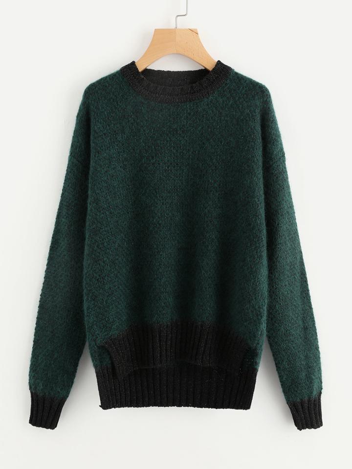 Romwe Contrast Trim Staggered Hem Fluffy Jumper
