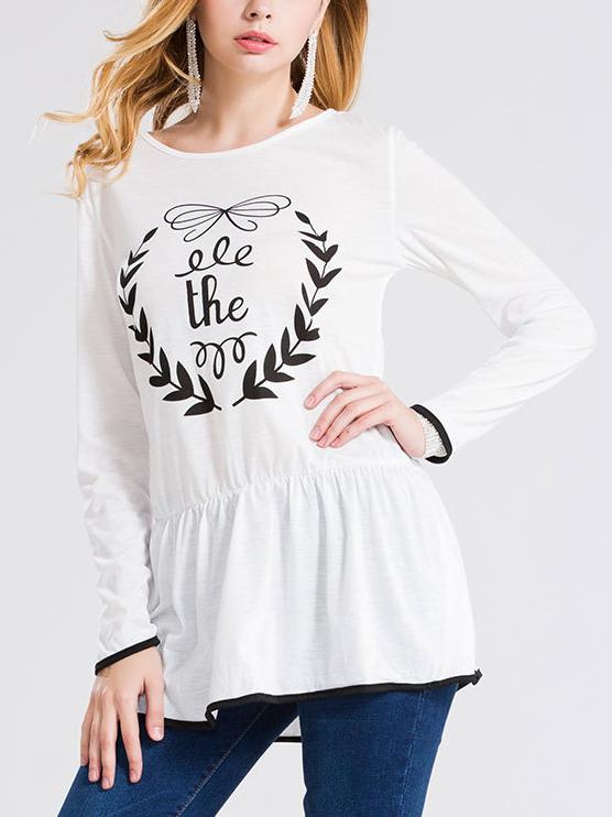 Romwe Ruffle Hem Leaves Print White Shirt