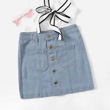 Romwe Pocket Front Single Breasted Denim Skirts