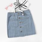 Romwe Pocket Front Single Breasted Denim Skirts