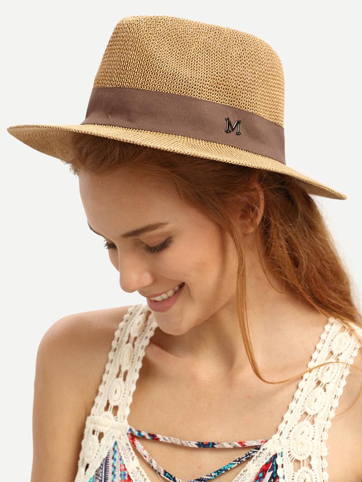 Romwe Coffee Letter M Large Brimmed Straw Hat