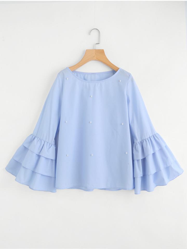 Romwe Tiered Trumpet Sleeve Pearl Embellished Blouse