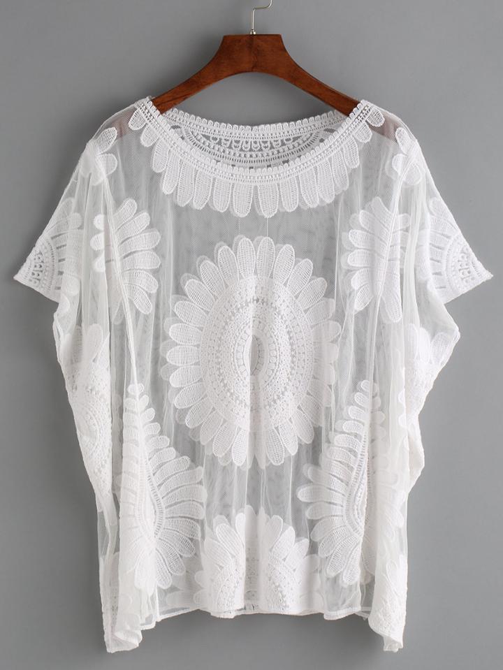 Romwe Crochet Sheer Mesh White Batwing Blouse