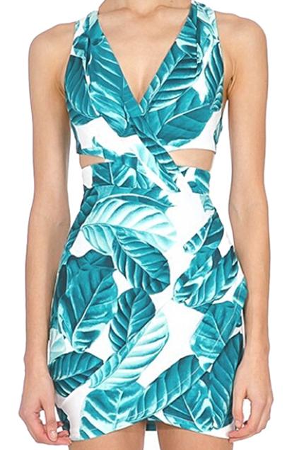 Romwe Floral Print Sleeveless Green Dress